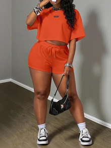 Slaydiva Summer Orange Baggy 2 Pieces Short Sets Woman,Casual Gym Sports Street Style Retro Round Neck Short Sleeve T-Shirt+Ultra-Short Shorts Plus Size Set - Orange - View 2