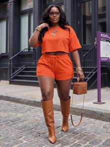 Slaydiva Summer Orange Baggy 2 Pieces Short Sets Woman,Casual Gym Sports Street Style Retro Round Neck Short Sleeve T-Shirt+Ultra-Short Shorts Plus Size Set - Orange - View 1