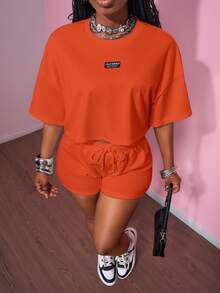Slaydiva Summer Orange Baggy 2 Pieces Short Sets Woman,Casual Gym Sports Street Style Retro Round Neck Short Sleeve T-Shirt+Ultra-Short Shorts Plus Size Set - Orange - View 7
