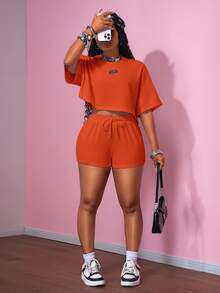 Slaydiva Summer Orange Baggy 2 Pieces Short Sets Woman,Casual Gym Sports Street Style Retro Round Neck Short Sleeve T-Shirt+Ultra-Short Shorts Plus Size Set - Orange - View 4