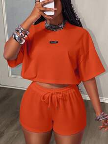 Slaydiva Summer Orange Baggy 2 Pieces Short Sets Woman,Casual Gym Sports Street Style Retro Round Neck Short Sleeve T-Shirt+Ultra-Short Shorts Plus Size Set - Orange - View 10