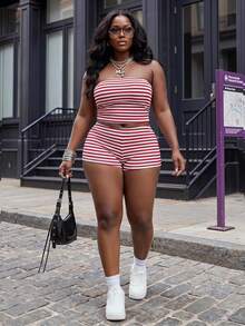 Slaydiva New Spring/Summer Street Style Sexy Casual Slim Fit Red And White Ribbed Textured Bandeau Independence Day Vacation Beach - Red - View 1