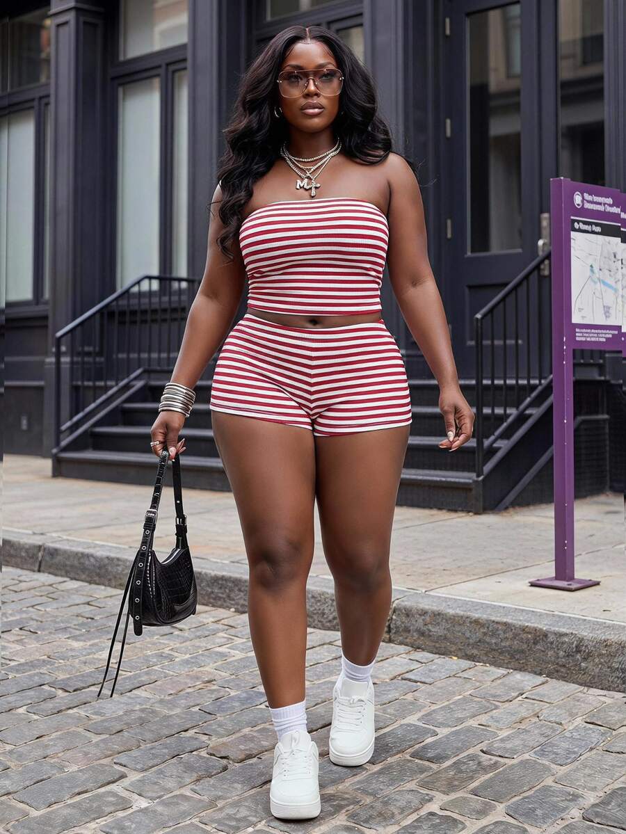 Slaydiva New Spring/Summer Street Style Sexy Casual Slim Fit Red And White Ribbed Textured Bandeau Independence Day Vacation Beach - Red - View 1
