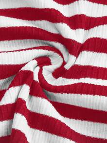 Slaydiva New Spring/Summer Street Style Sexy Casual Slim Fit Red And White Ribbed Textured Bandeau Independence Day Vacation Beach - Red - View 10