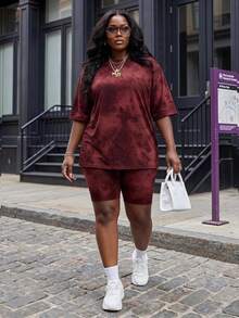 Slaydiva Plus Size Summer Casual Tie-Dye Print T-Shirt And Shorts 2-Piece Set - Multicolor - View 1