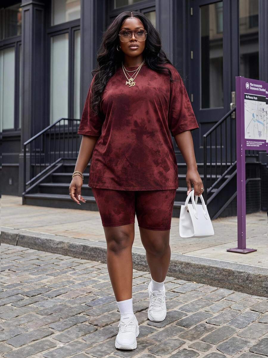 Slaydiva Plus Size Summer Casual Tie-Dye Print T-Shirt And Shorts 2-Piece Set - Multicolor - View 1