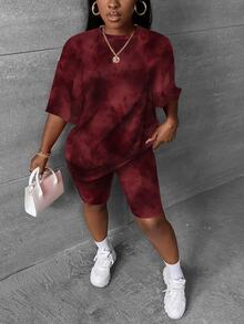 Slaydiva Plus Size Summer Casual Tie-Dye Print T-Shirt And Shorts 2-Piece Set - Multicolor - View 4