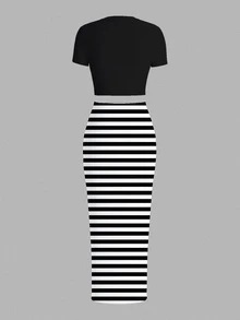 Slaydiva Casual Fitted Cropped Short Sleeve Crew Neck T-Shirt & Slim Long Skirt 2pcs Set, Plus Size, Music Festival - Multicolor - View 2