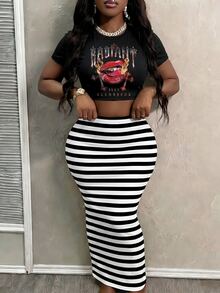 Slaydiva Casual Fitted Cropped Short Sleeve Crew Neck T-Shirt & Slim Long Skirt 2pcs Set, Plus Size, Music Festival - Multicolor - View 4
