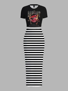 Slaydiva Casual Fitted Cropped Short Sleeve Crew Neck T-Shirt & Slim Long Skirt 2pcs Set, Plus Size, Music Festival - Multicolor - View 3