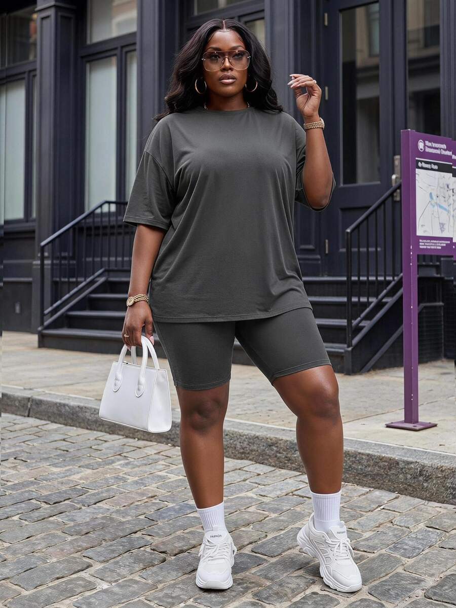 Slaydiva 2pcs/Set Plus Size Casual Minimalist Dark Grey Set, Suitable For SummerSummer Outfits For Women,Two Piece Set Women - Dark Grey - View 1