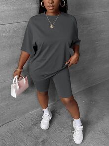 Slaydiva 2pcs/Set Plus Size Casual Minimalist Dark Grey Set, Suitable For SummerSummer Outfits For Women,Two Piece Set Women - Dark Grey - View 6