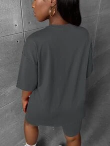 Slaydiva 2pcs/Set Plus Size Casual Minimalist Dark Grey Set, Suitable For SummerSummer Outfits For Women,Two Piece Set Women - Dark Grey - View 2
