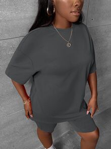 Slaydiva 2pcs/Set Plus Size Casual Minimalist Dark Grey Set, Suitable For SummerSummer Outfits For Women,Two Piece Set Women - Dark Grey - View 5