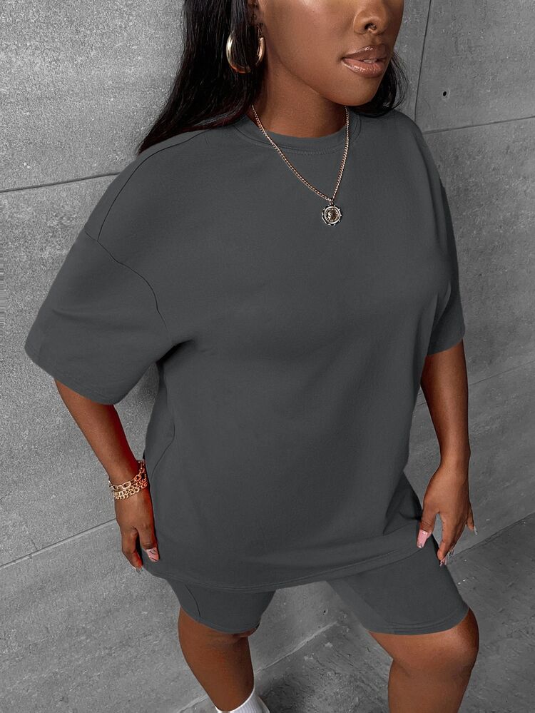 Slaydiva 2pcs/Set Plus Size Casual Minimalist Dark Grey Set, Suitable For SummerSummer Outfits For Women,Two Piece Set Women - Dark Grey - View 5