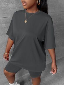 Slaydiva 2pcs/Set Plus Size Casual Minimalist Dark Grey Set, Suitable For SummerSummer Outfits For Women,Two Piece Set Women - Dark Grey - View 4