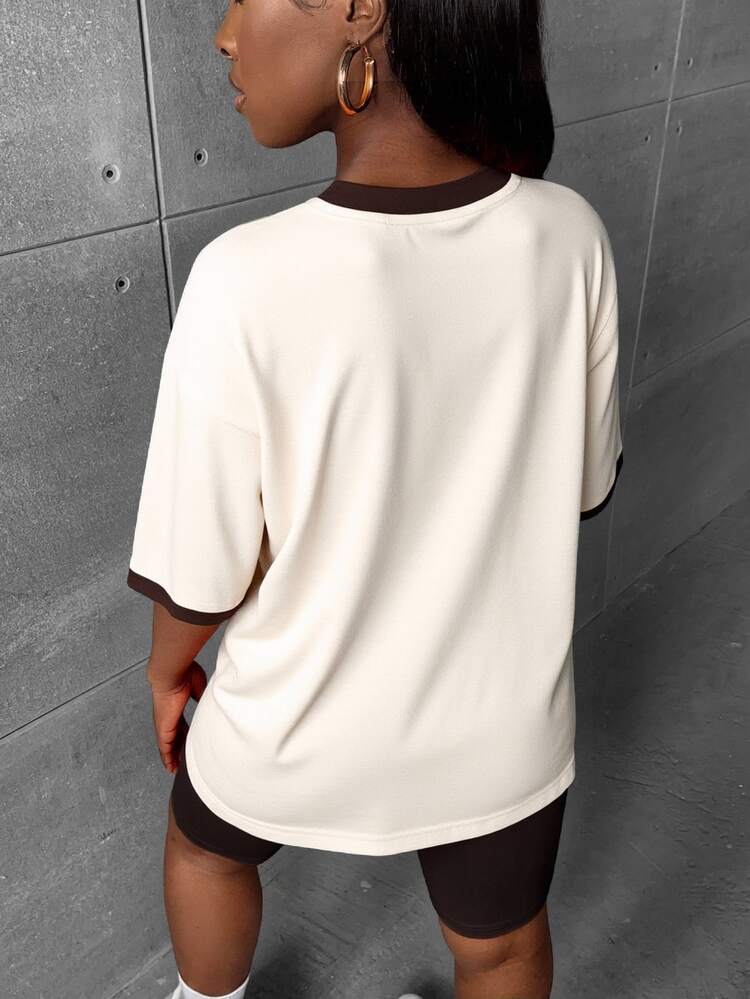 Slaydiva New York USA Letter Graphic Tee + Solid Brown Pants 2pcs Set, Casual Outfit Suitable For Summer - Brown - View 3