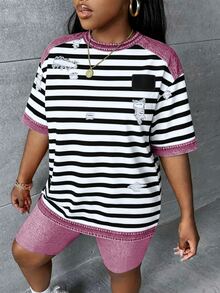 Slaydiva Plus Size Summer Casual Striped Patchwork T-Shirt And Shorts 2 Pieces Set - Multicolor - View 5
