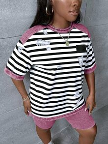 Slaydiva Plus Size Summer Casual Striped Patchwork T-Shirt And Shorts 2 Pieces Set - Multicolor - View 3