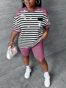 Slaydiva Plus Size Summer Casual Striped Patchwork T-Shirt And Shorts 2 Pieces Set - Multicolor - View 4