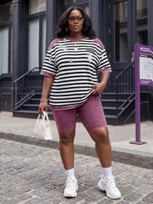 Slaydiva Plus Size Summer Casual Striped Patchwork T-Shirt And Shorts 2 Pieces Set - Multicolor - View 1