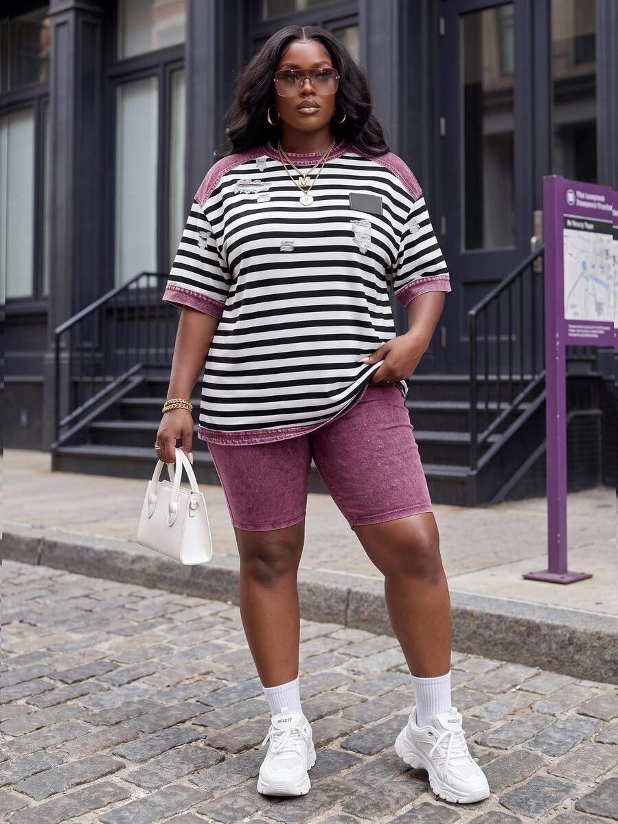 Slaydiva Plus Size Summer Casual Striped Patchwork T-Shirt And Shorts 2 Pieces Set - Multicolor - View 1