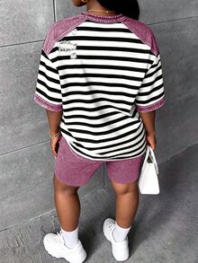Slaydiva Plus Size Summer Casual Striped Patchwork T-Shirt And Shorts 2 Pieces Set - Multicolor - View 2