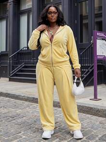 Slaydiva Casual Minimalist Long Sleeve Hoodie 2 Pieces Sweatshirt Set Fall - Yellow - View 1