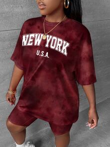Slaydiva Plus Size Women Letter Print Short Sleeve Top And Shorts Casual 2 Pieces Set - Multicolor - View 4
