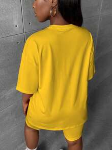 Slaydiva Plus Size Women's Solid Color Round Neck Drop Shoulder T-Shirt And Shorts Casual 2-Piece Set - Yellow - View 2