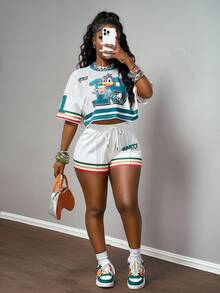 Slaydiva 夏季新款音乐节生日派对毕业季学生日常外出基本百搭休闲度假邮轮旅行海滩海边日光浴网红热销两件套短裤套装女装两件套休闲套装女式露脐上衣短裤套装女式夏季服装 - 白色 - 查看 5