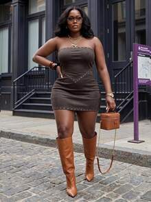 Slaydiva Summer Birthday Party Club Night Date Cocktail Music Festival Sexy Slim Fit Solid Dark Purple Tube Crop Top Bodycon Mini Skirt Women's Plus - Grey - View 1