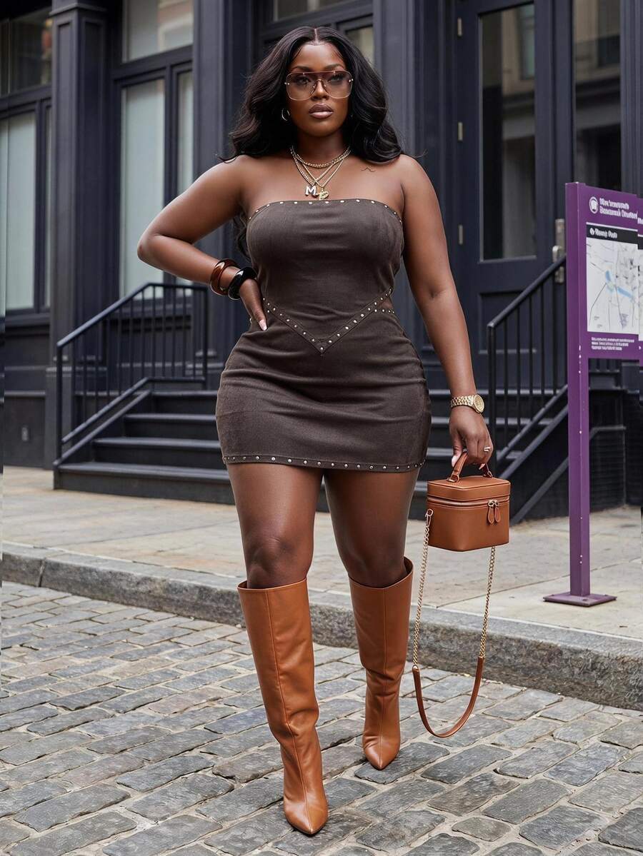 Slaydiva Summer Birthday Party Club Night Date Cocktail Music Festival Sexy Slim Fit Solid Dark Purple Tube Crop Top Bodycon Mini Skirt Women's Plus - Grey - View 1