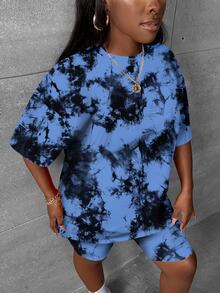 Slaydiva 2pcs Y2K Casual Tie-Dye Pattern Crop Top And Skinny Shorts Set, Suitable For Summer, Music Festivals - Multicolor - View 3