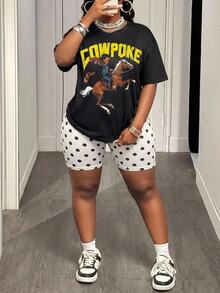 Slaydiva Plus Size Women's Letter & Character Print Short Sleeve T-Shirt And Polka Dot Print Base Shorts Set - Black and White - View 11