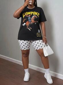 Slaydiva Plus Size Women's Letter & Character Print Short Sleeve T-Shirt And Polka Dot Print Base Shorts Set - Black and White - View 6