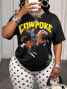 Slaydiva Plus Size Women's Letter & Character Print Short Sleeve T-Shirt And Polka Dot Print Base Shorts Set - Black and White - View 12