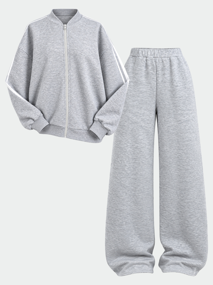 Teen Girls Teen Girl Autumn Grey Casual Long Sleeve Set Long Streetwear Daily Webbing Sport Sweatshirt Jacket Back To School - Grey - View 6