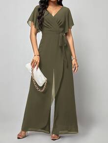 Amorya Women's Short Sleeve Wrap Front Jumpsuit With Flared Hem Summer Outfit For Women Summer Outfit For Women - Army Green - View 7