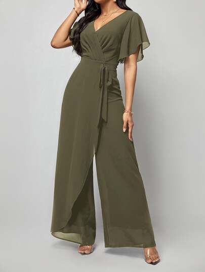 Amorya Women's Short Sleeve Wrap Front Jumpsuit With Flared Hem Summer Outfit For Women Summer Outfit For Women
