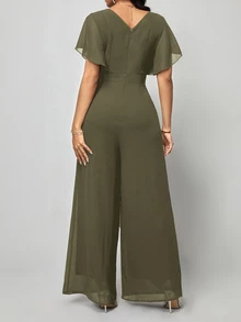 Amorya Women's Short Sleeve Wrap Front Jumpsuit With Flared Hem Summer Outfit For Women Summer Outfit For Women - Army Green - View 2