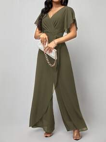 Amorya Women's Short Sleeve Wrap Front Jumpsuit With Flared Hem Summer Outfit For Women Summer Outfit For Women - Army Green - View 4