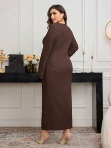 Modelyn Plus Size Solid Color Knit Textured Round Neck Flare Sleeve Fitted Midi Dress, Spring/Autumn Fall - Brown - View 2