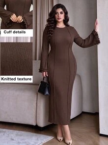 Modelyn Plus Size Solid Color Knit Textured Round Neck Flare Sleeve Fitted Midi Dress, Spring/Autumn Fall - Brown - View 1