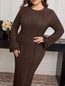 Modelyn Plus Size Solid Color Knit Textured Round Neck Flare Sleeve Fitted Midi Dress, Spring/Autumn Fall - Brown - View 7