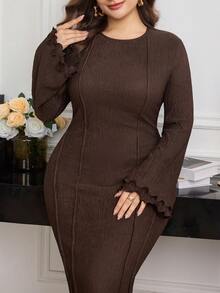Modelyn Plus Size Solid Color Knit Textured Round Neck Flare Sleeve Fitted Midi Dress, Spring/Autumn Fall - Brown - View 4