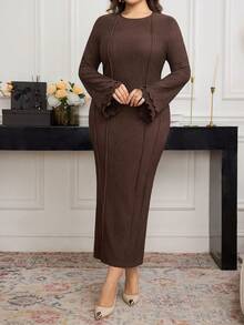 Modelyn Plus Size Solid Color Knit Textured Round Neck Flare Sleeve Fitted Midi Dress, Spring/Autumn Fall - Brown - View 8