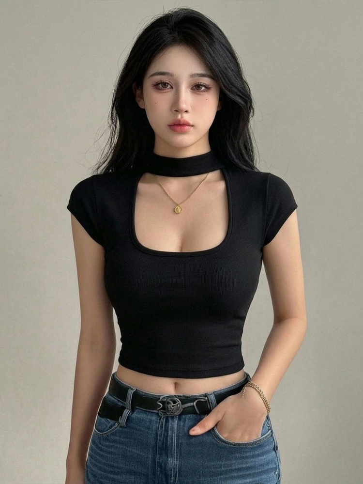 Joudiya Women's Hollow-Out Short Sleeve T-Shirt Going Out Tops Crop Women Tops - Black - View 7