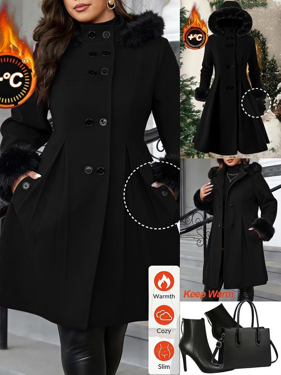 Reflora Plus Size Vintage Patchwork Faux Fur Hooded Button Overcoat - Black - View 1