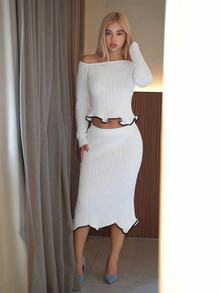 Sweetina Women's Ruffled Shoulder Long Sleeve Sweater And Knitted Pencil Skirt 2 Pieces Set White Two Pieces Skirt Set Ribbed Two Pieces Set In Fall/Winter - White - View 4